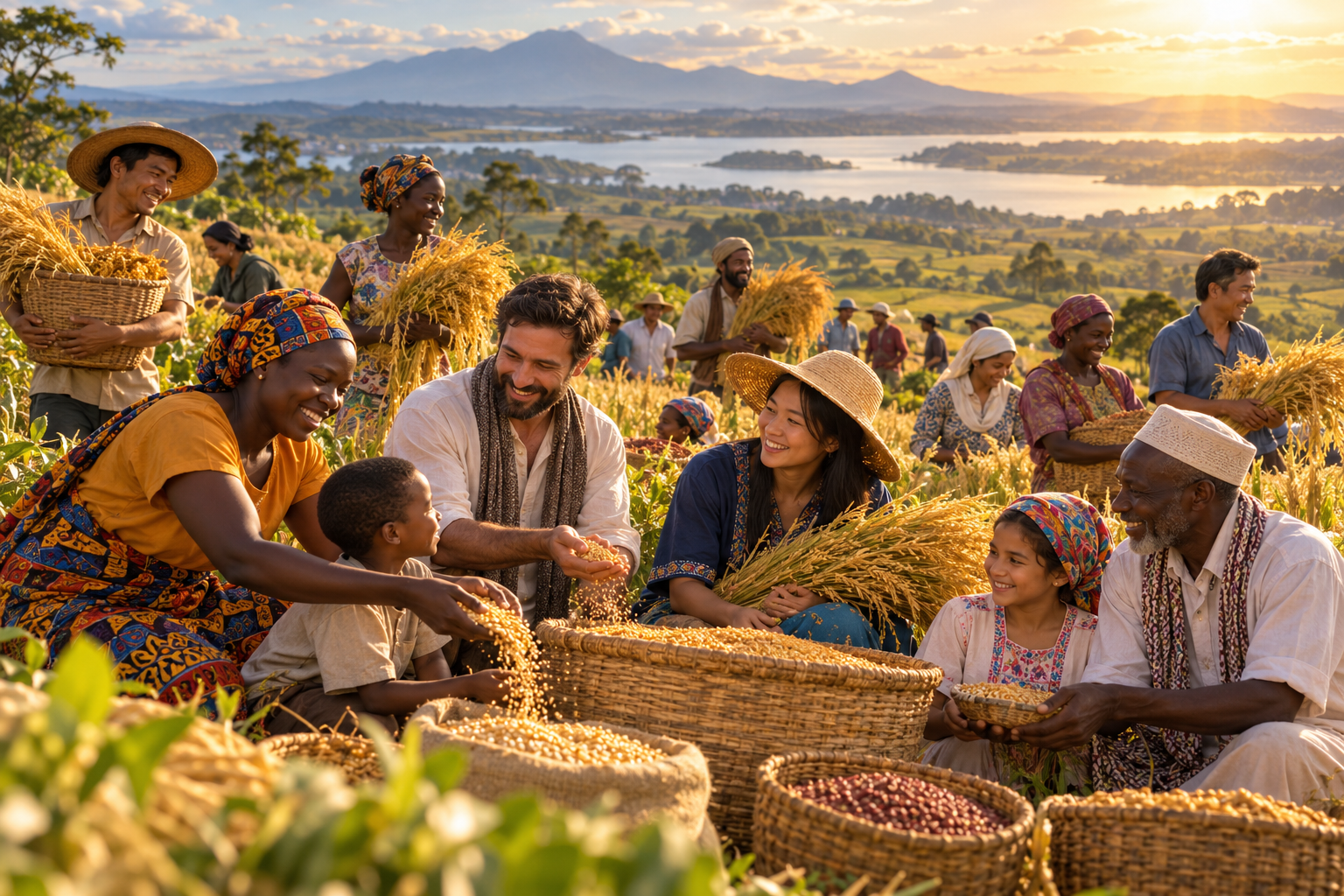 People from different nations gathering in a fruitful harvest field.