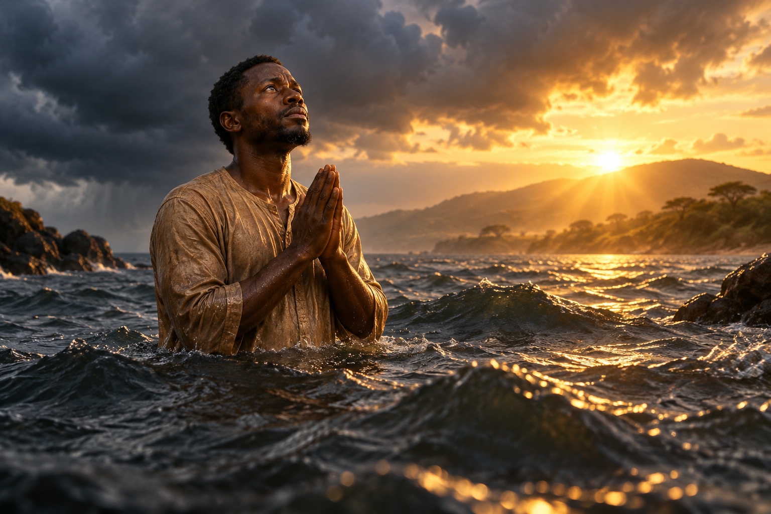 A person praying as waters rise, with light symbolizing hope.