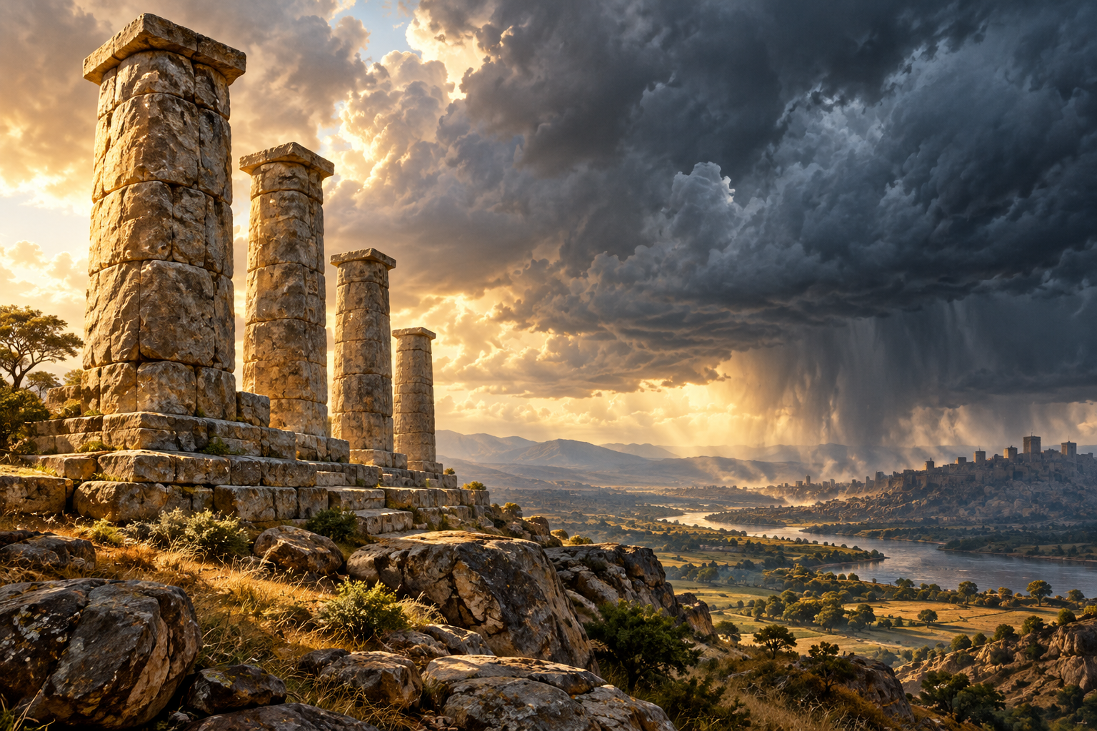 Enduring stone pillars standing firm amid a storm.