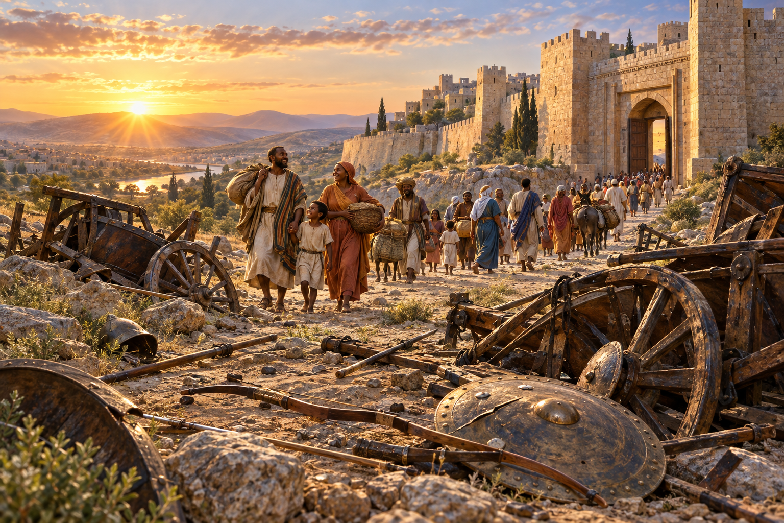 Broken ancient weapons outside a city as unarmed people find peace.