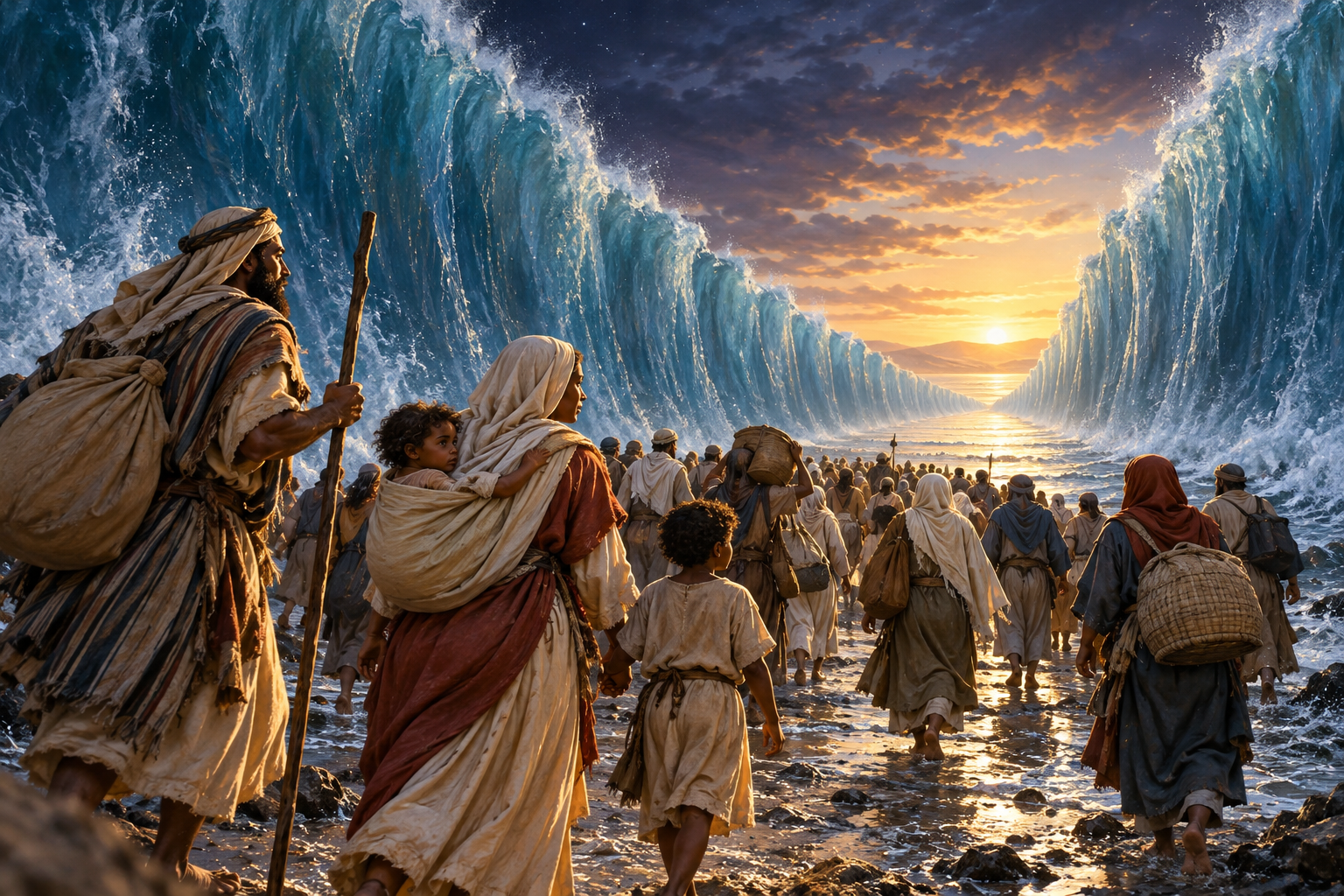 Israelites walking along a path opened through the sea.