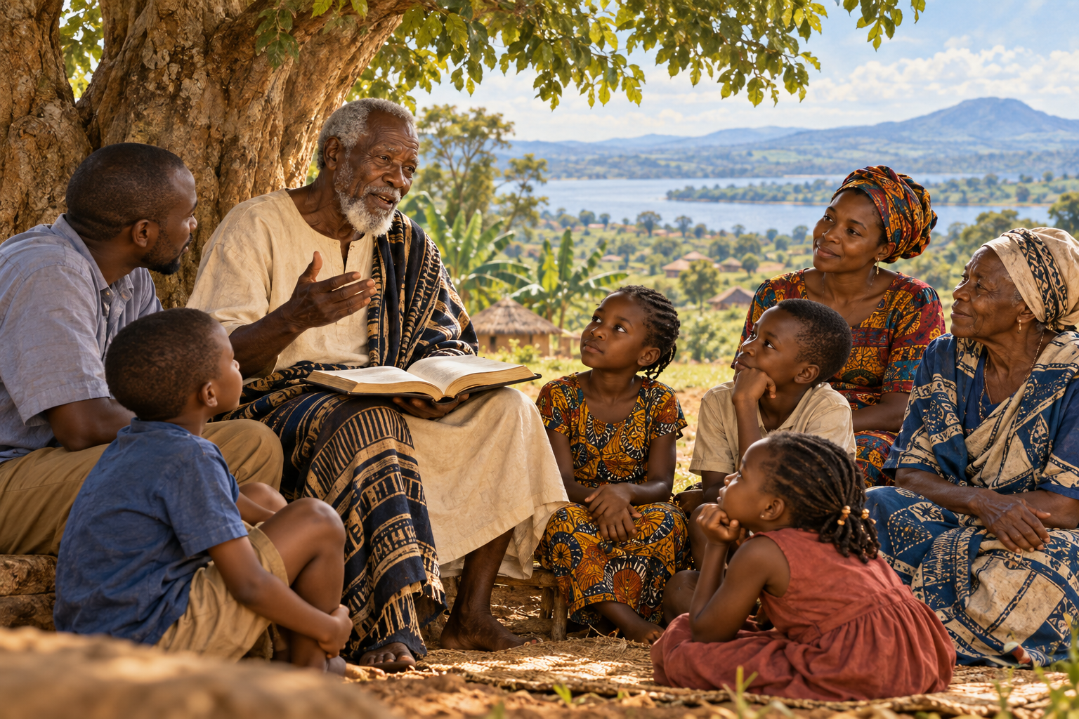 An East African family of several generations listening to a Bible story under a tree.