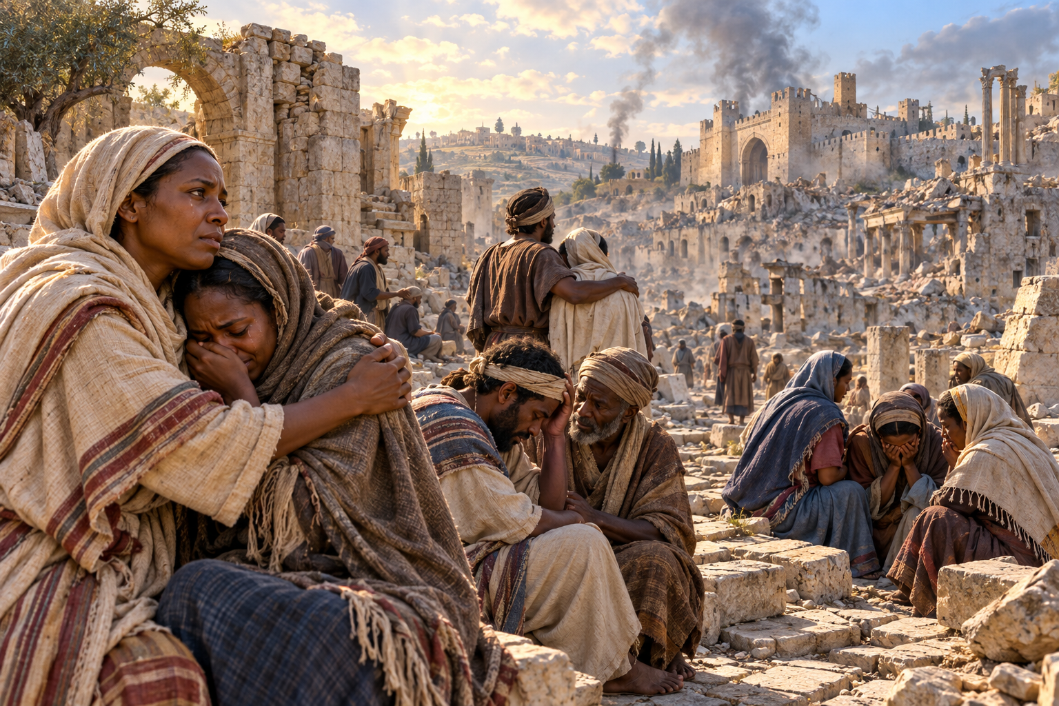 People comforting one another in the streets of a devastated ancient city.