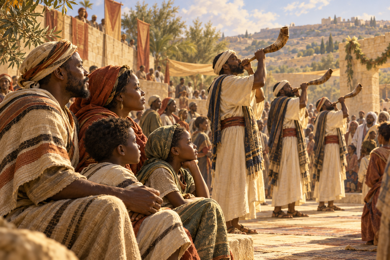 An Israelite family listening during a trumpet festival.