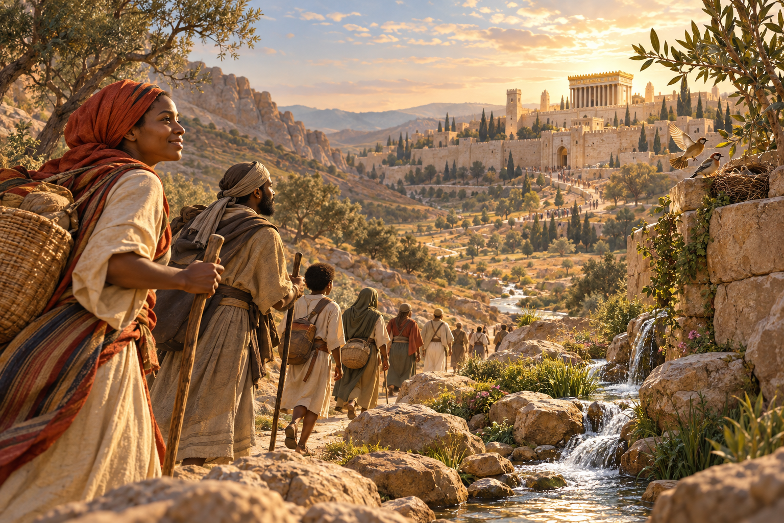Pilgrims travelling toward the sanctuary through a valley with springs.