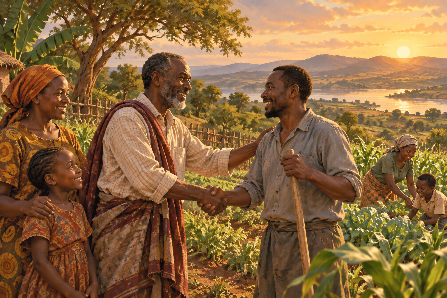 East African neighbors reconciled amid fruitful farmland.