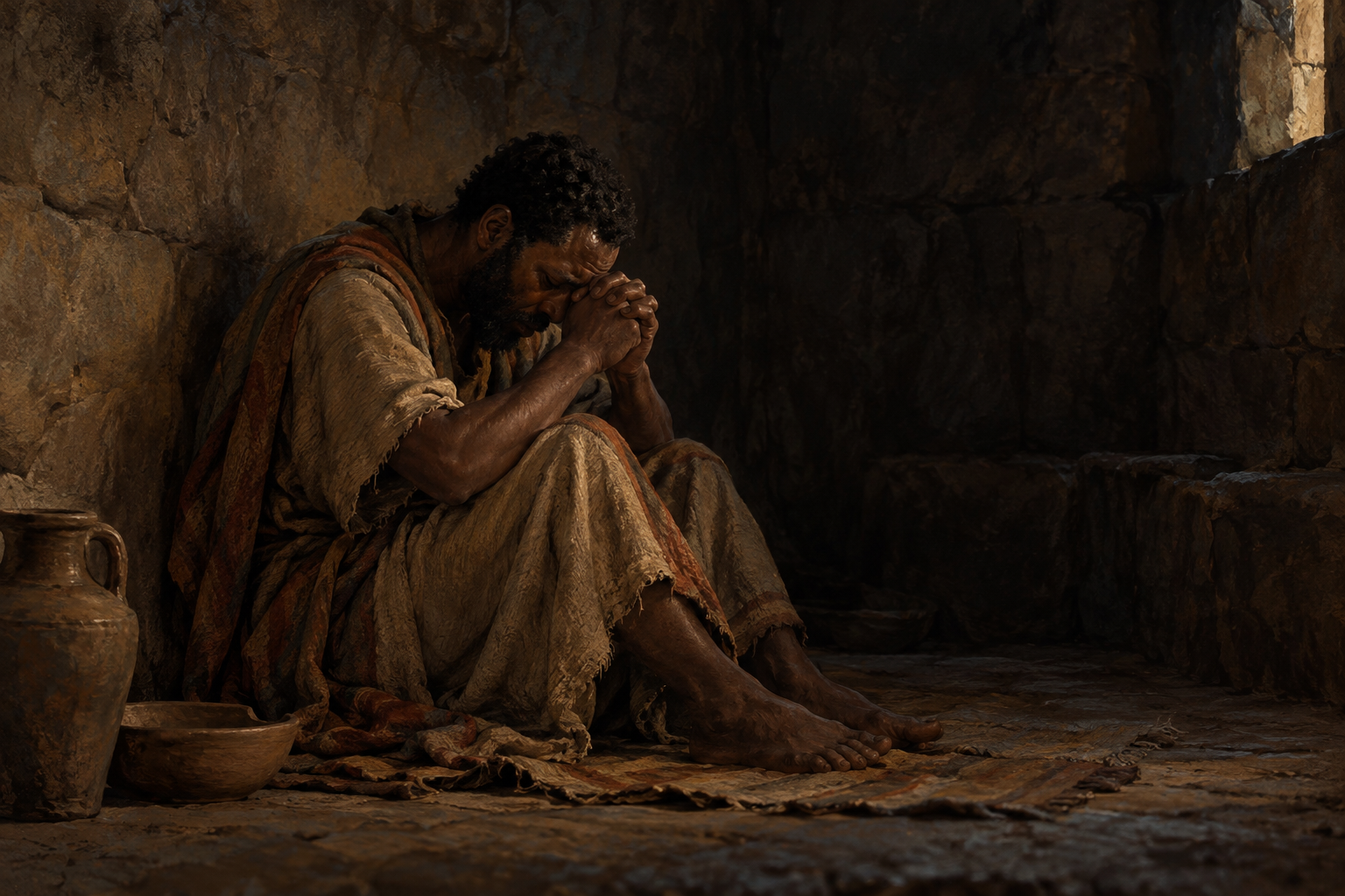 A lonely sufferer praying in a dark chamber.