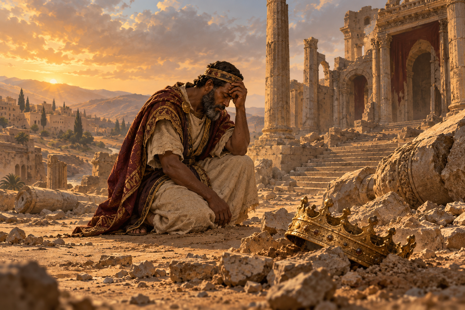 A fallen crown in the dust beside a ruined royal palace.