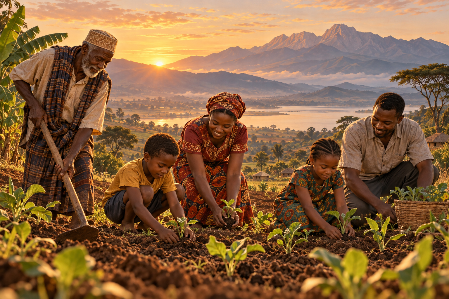 A multigenerational family planting at dawn before enduring mountains.