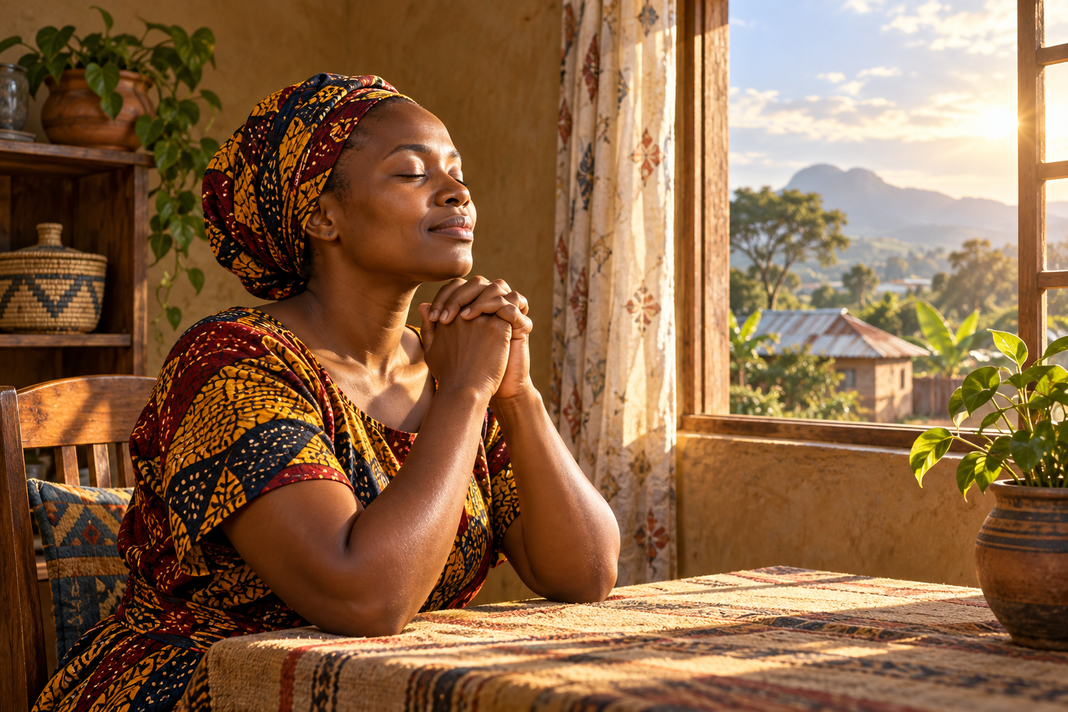 A person praying peacefully beside a window