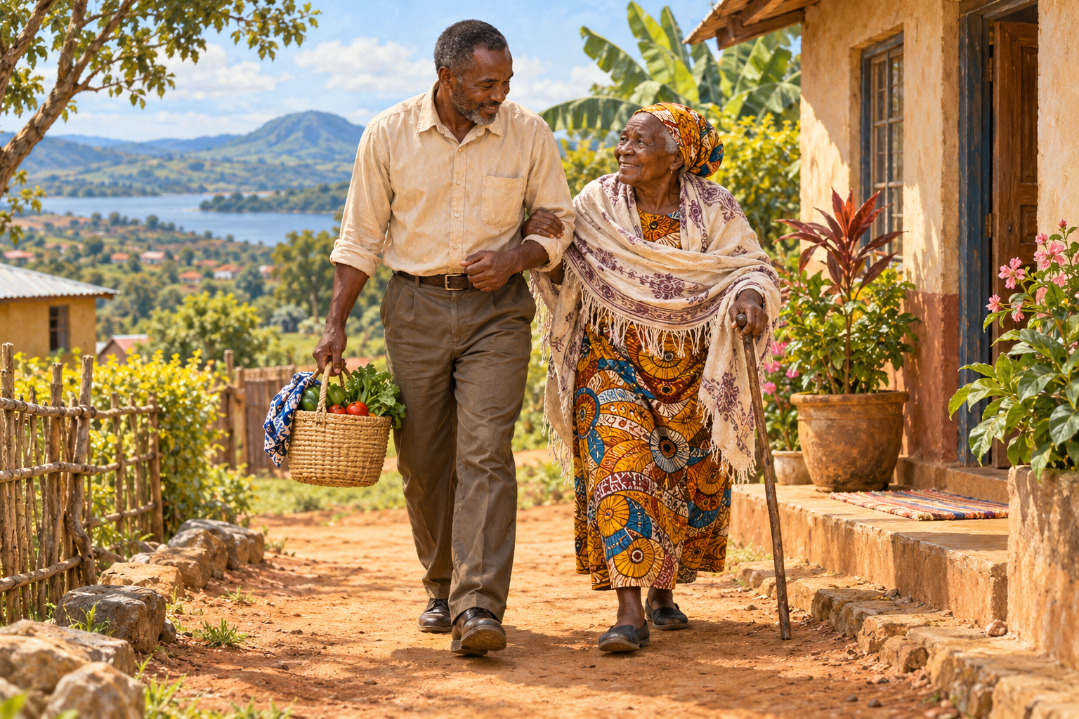A person gently helping an elderly neighbor