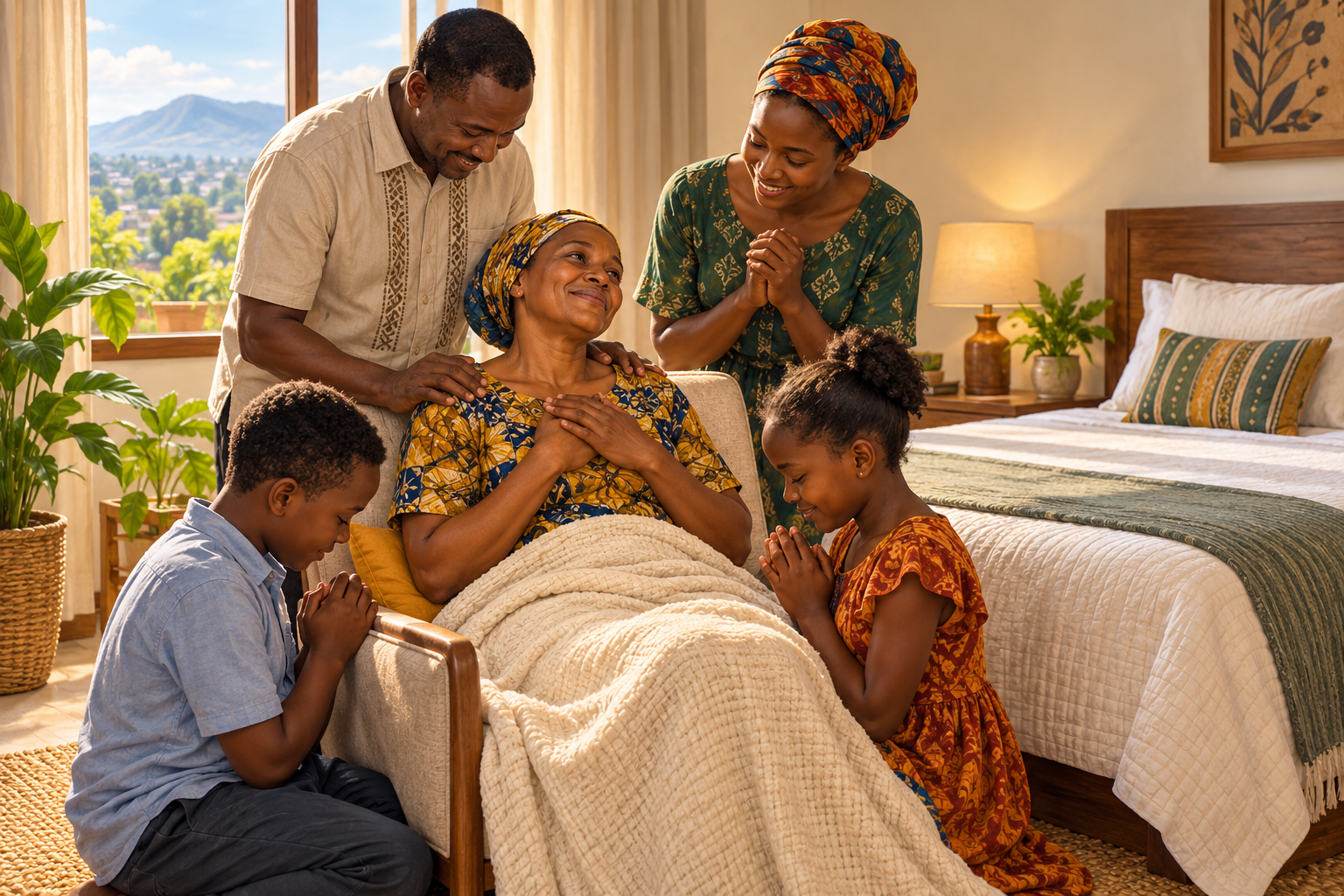 A family giving thanks beside a recovering relative