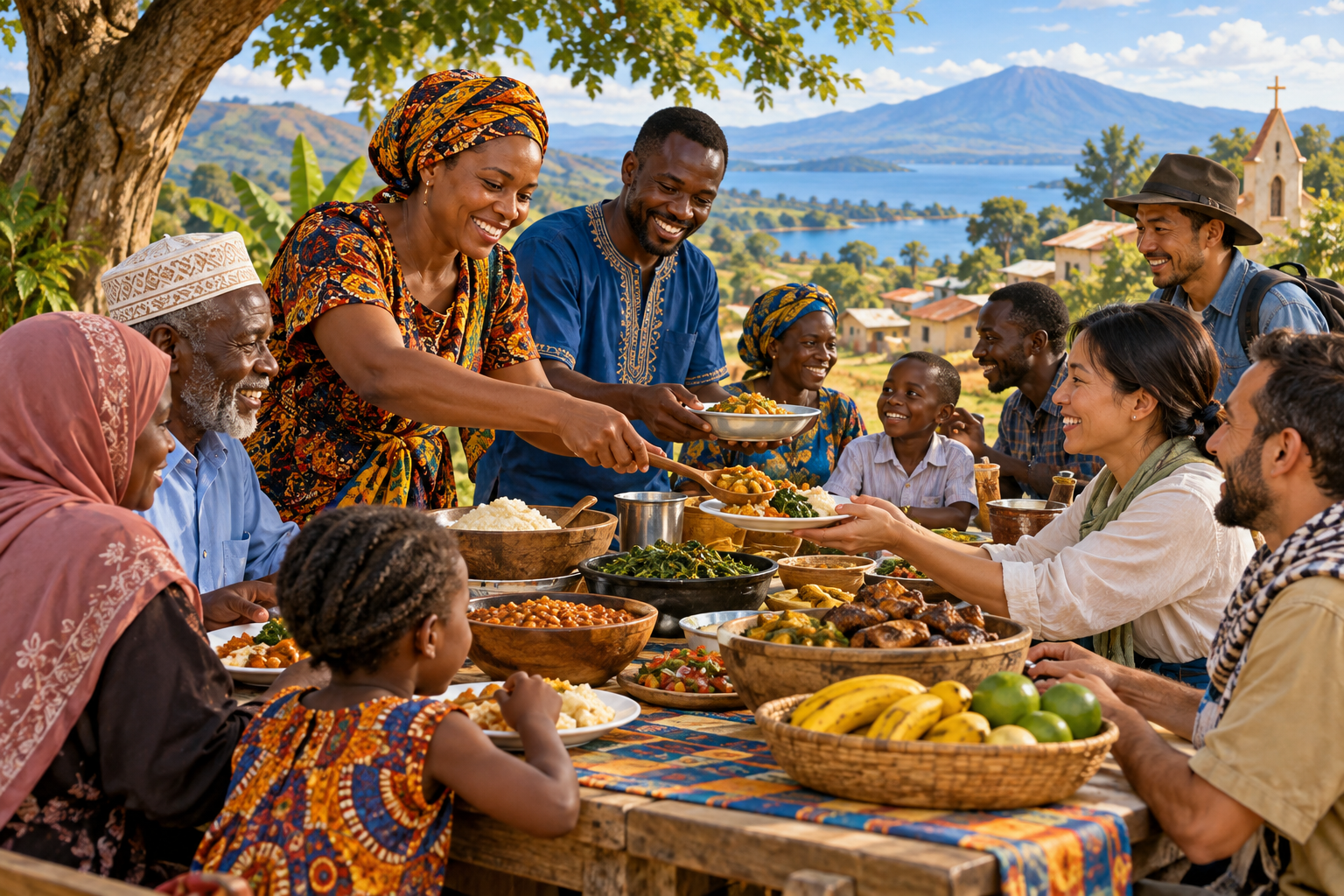 A community sharing food and compassionate service, illustrating Christian mission that welcomes everyone.