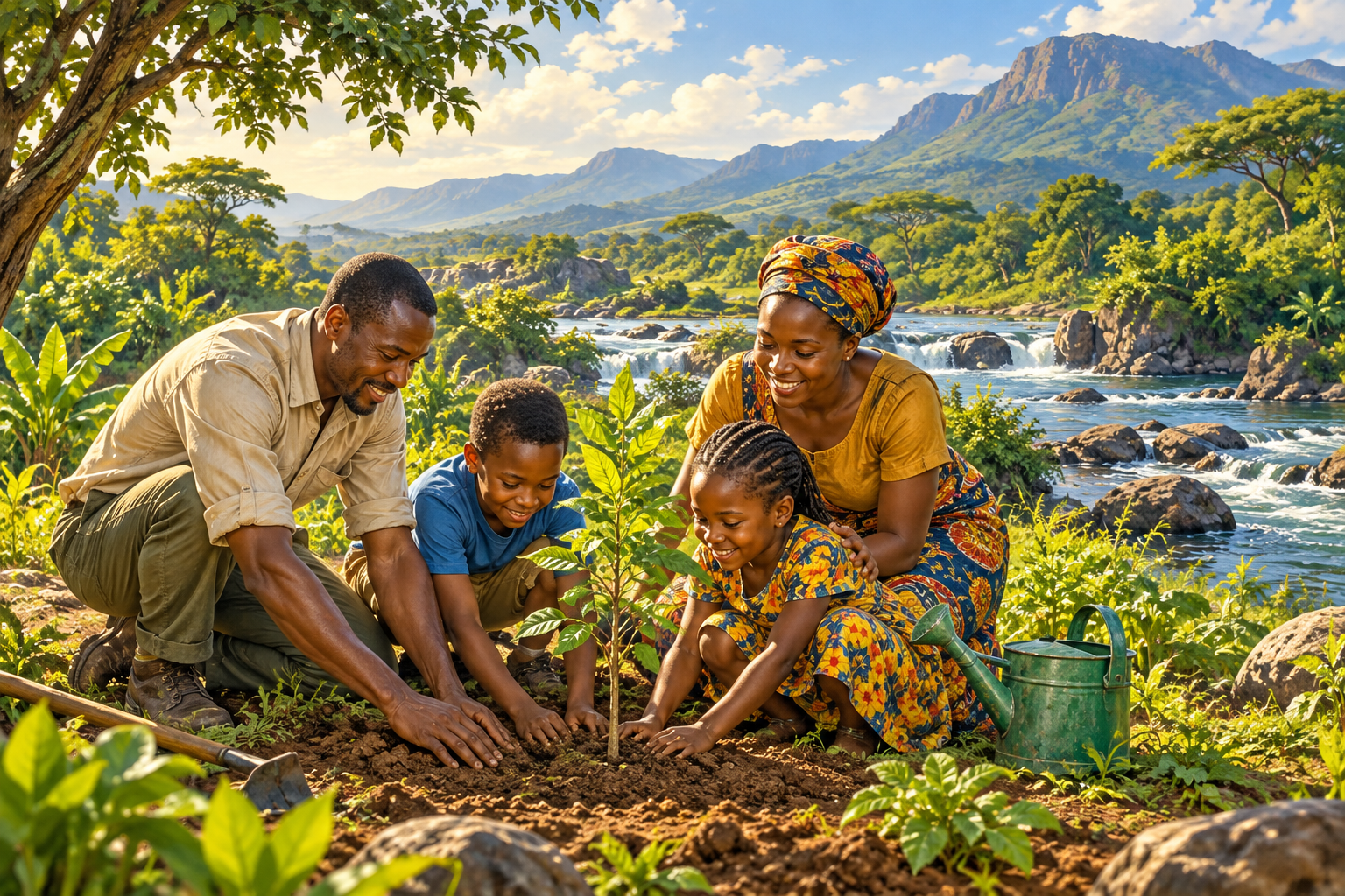 A family planting a tree beside a river, illustrating care for God’s creation.