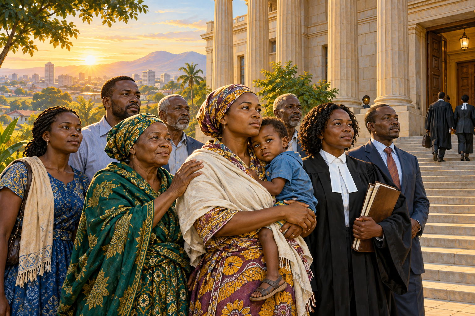 Jamii ikisimama pamoja na mama na mtoto mbele ya mahakama, ikionyesha ujasiri na mshikamano dhidi ya ukosefu wa haki.