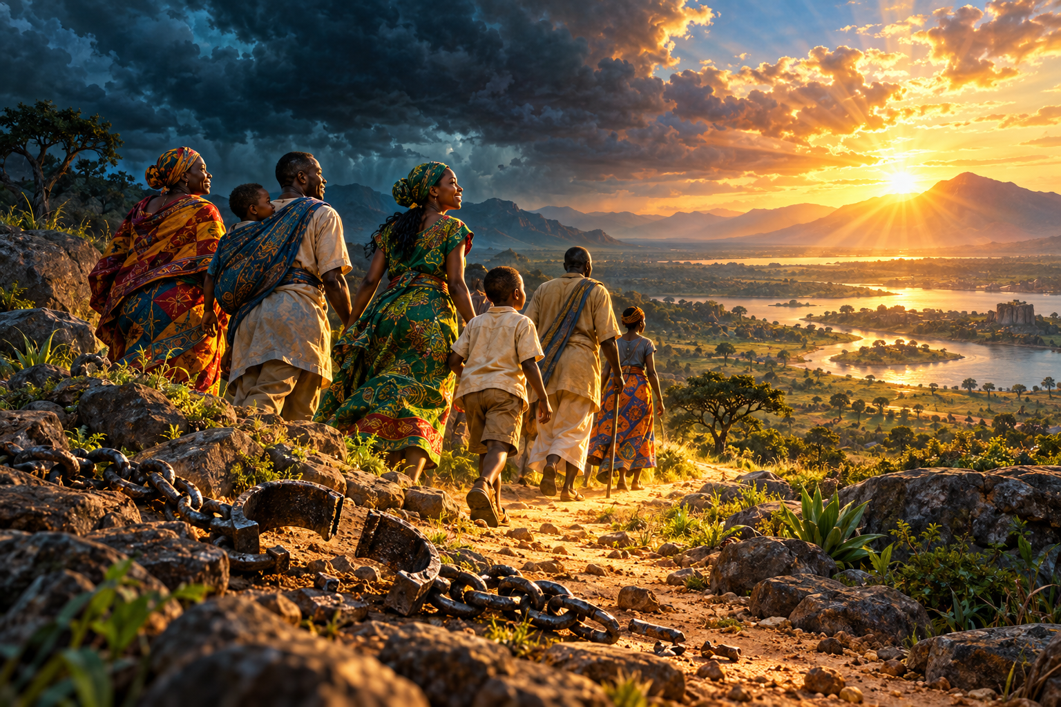 People moving toward dawn with broken chains behind them, a sign of evil defeated.