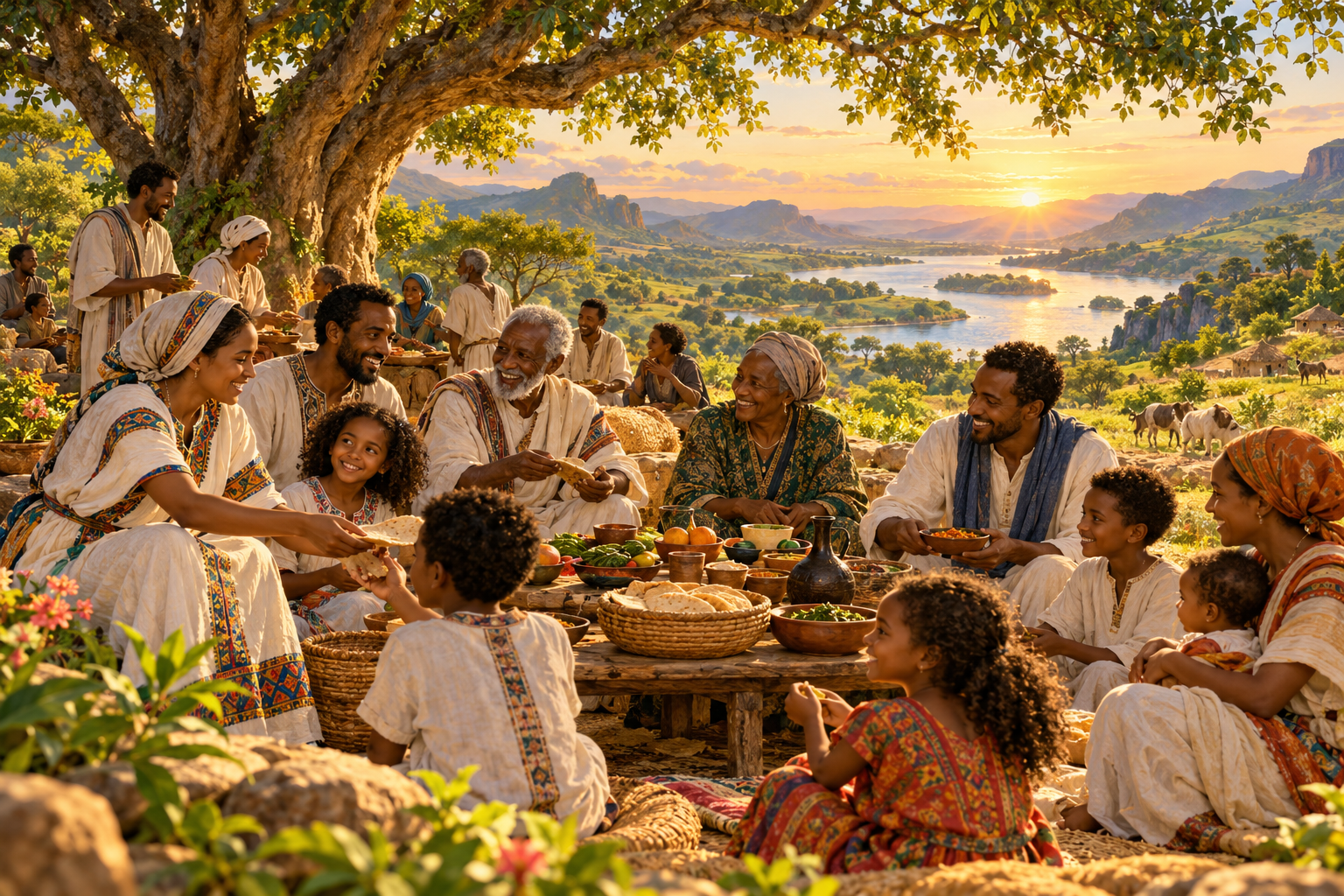 A multigenerational community resting and sharing a meal under a tree beside a river, illustrating Sabbath rest and delight.